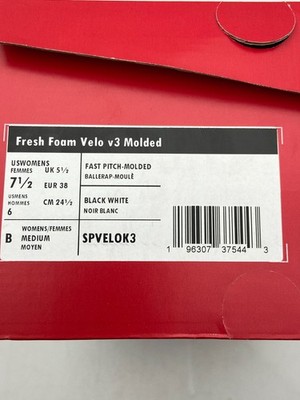 New Balance Fresh Foam Velo v3 Molded- Black/White- Women's Size