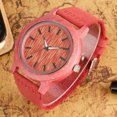 Kreative Herrenuhr Natur Holz Quarz Analog Uhren Grün/Rot Lederband