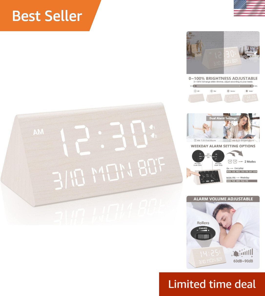 Wooden Digital Alarm Clock, 0-100% Dimmer, 2 Alarm Settings, Weekday/Everyday...