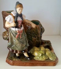 Pretty/Old Majolica Bernard Bloch Lady Carrying Basket Match Holder and Striker