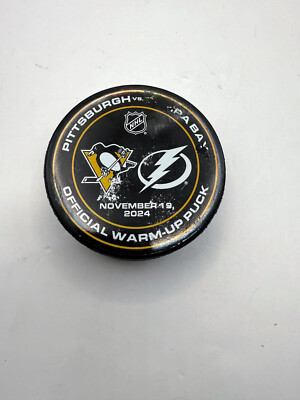PITTSBURGH PENGUINS vs Tampa Bay Lightning Game Warmup Used Puck COA 11-19-24 d