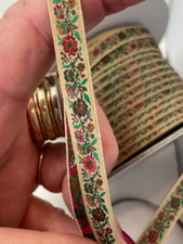 Vintage rose floral Jacquard fabric trim, 3/8 inch wide, sold by the yard.