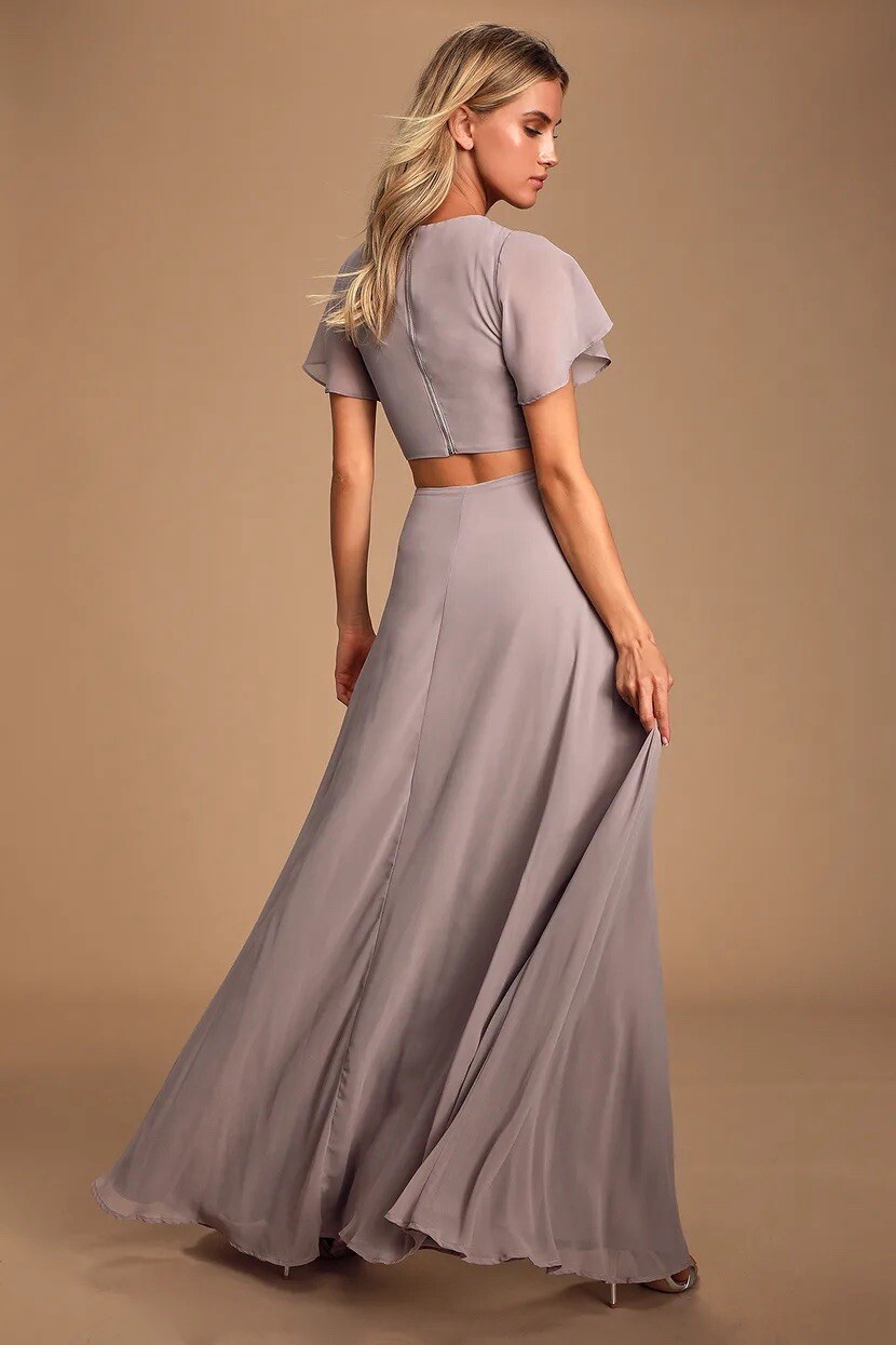 Lulus Garden Bliss Dusty Lavender Cutout Maxi Dress Short Sleeves Chiffon Sz M