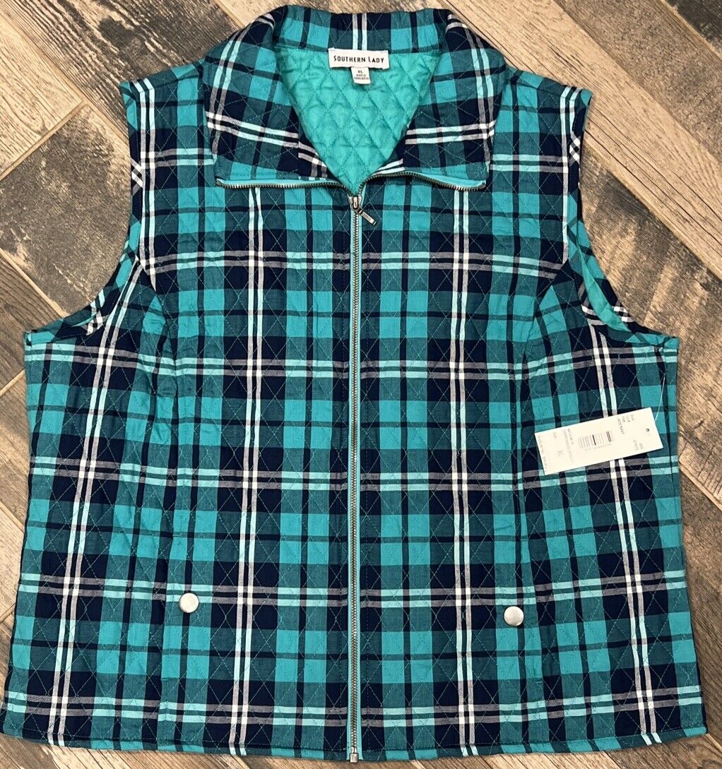 New $56 SOUTHERN LADY Vest Women’s Blue Plaid Full Zip Lightweight Quilted XL