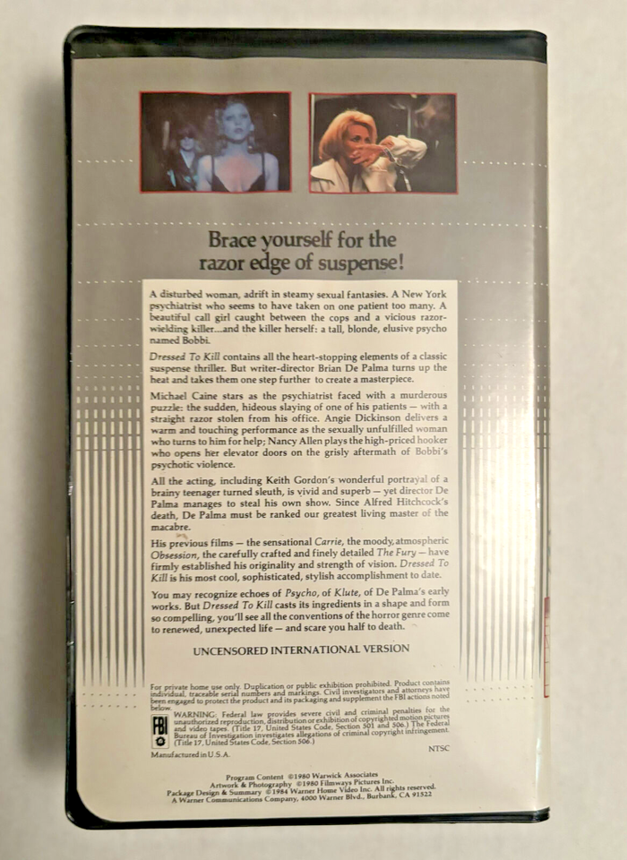 Dressed to kill VHS tape THRILLER Horror NUDITY Warner CLAMSHELL 1984