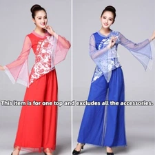 Women Ethnic Dance Shirt Blouse Blue-and-white Porcelain Tops Stage Costumes