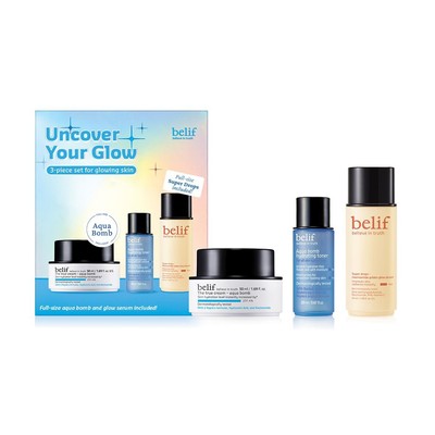 belif Uncover Your Glow Set  Aqua Bomb Daily Face Moisturizer Niacinamide Vit...