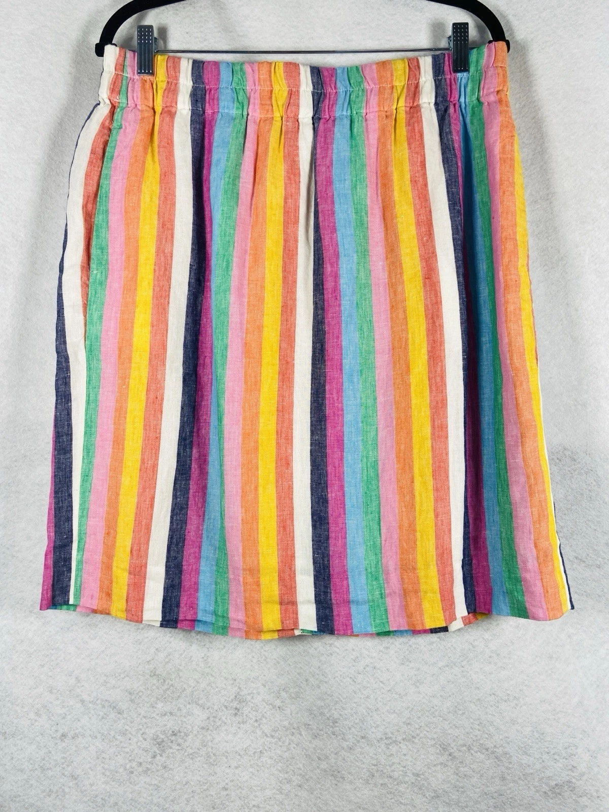 J Crew Skirt Womens Large Green Pink Rainbow Striped Lined Pull On 100% Linen