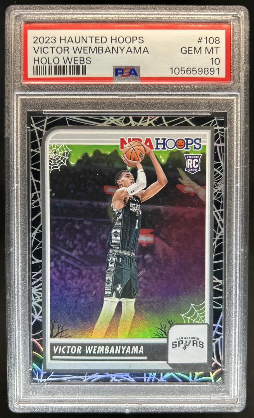 2023-24 Panini Hoops Haunted Victor Wembanyama Holo Webs RC #108 Spurs PSA 10 view 1