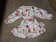 Baltic Born Tally Dress Large V-neck 3/4 Sleeves Ruffled Hem Off White Floral 