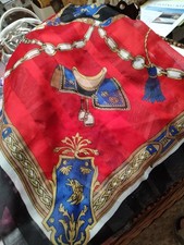 Scarf Blue Black Red Saddle Horse Chain Tassel 30x30" Silk Feel Elegance