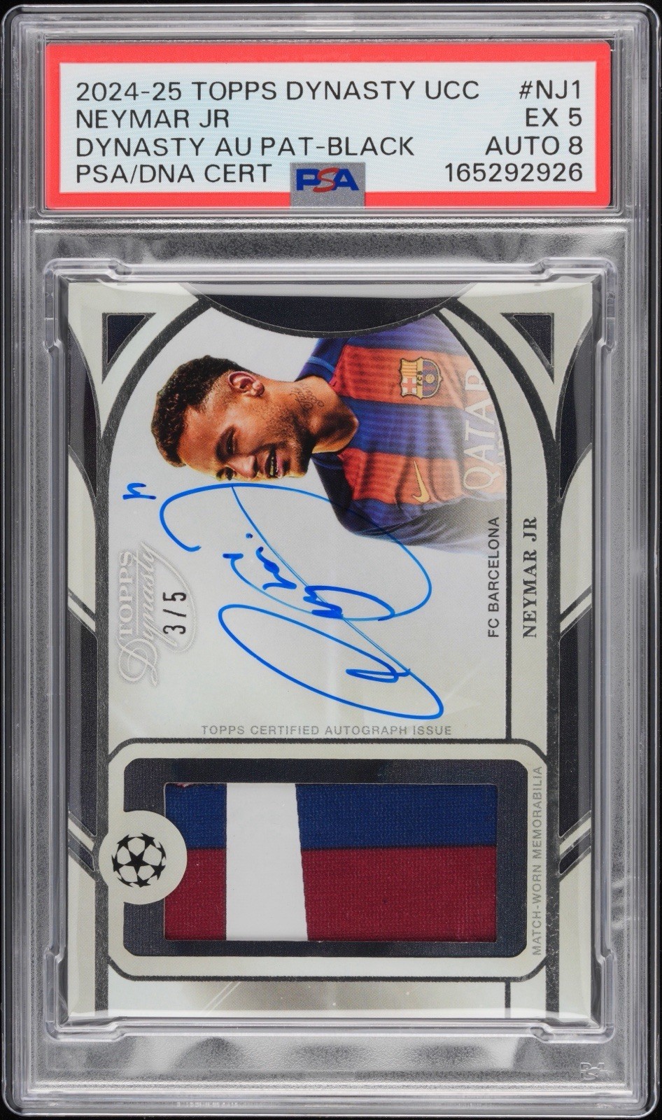 2024-25 Topps Dynasty UCC Neymar Jr #NJ-1 Patch Auto Black /5 PSA 5 Auto 8