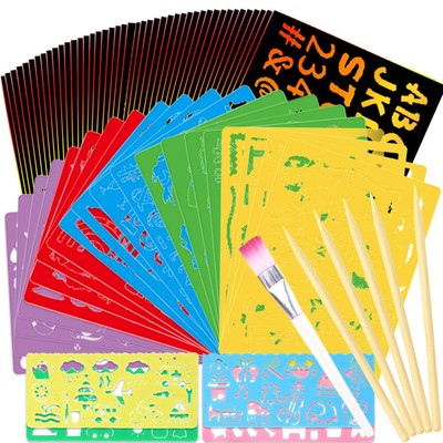 Stencil Drawing for Kids 50 Pcs Rainbow Scratch Art Paper + 24 Pcs Drawing St...
