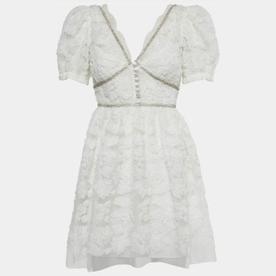 SelfPortrait White Crystal Embellished Ribbon Lace Mini Dress XS