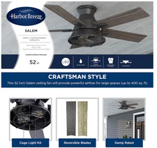 Harbor Breeze Salem 52" Matte Black Ceiling Fan with LED Light & Reversible Blad