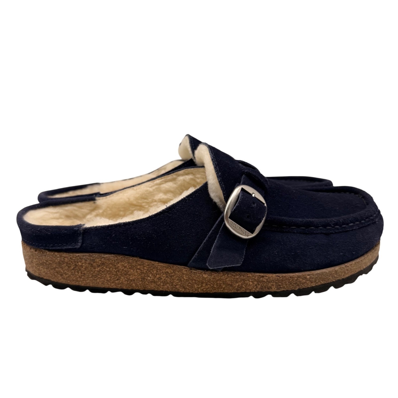 Birkenstock Buckley Navy Blue Suede Leather Soft Footbed Shearling Lined Clogs 9