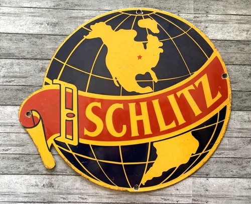 VINTAGE 12x10.5" SCHILTZ BEER OIL PORCELAIN SERVICE PUMP STATION GASOLINE SIGN