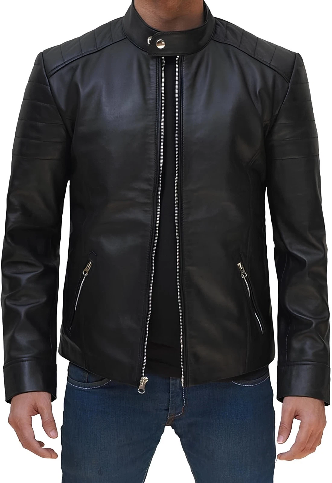 Men's Lambskin Leather Jacket Genuine Black Motorcycle Bomber Coat Sheepskin Men