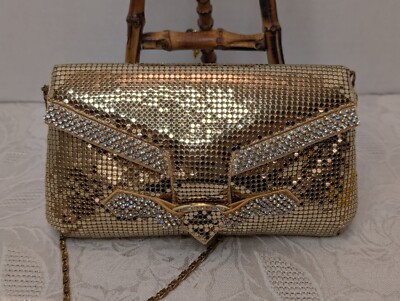 Kate Landry Evening Bag Gold Mesh Rhinestone Embellished W/ Chain Strap Wedding