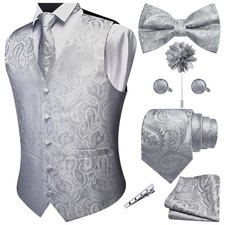 Light Grey Mens Vest Tie and Bow Tie Set Formal Waistcoat Paisley Floral Jacq...