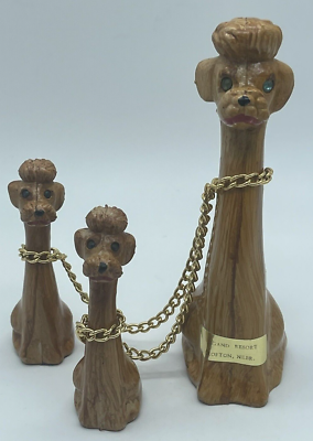 Vintage Faux Wooden Poodle w/Blue Eyes & her 2 Pups Connected w