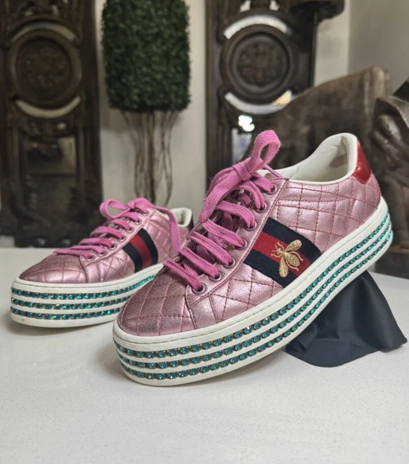 Pink Gucci Sneakers With Gems Women's Gucci New Ace Pink Quilted