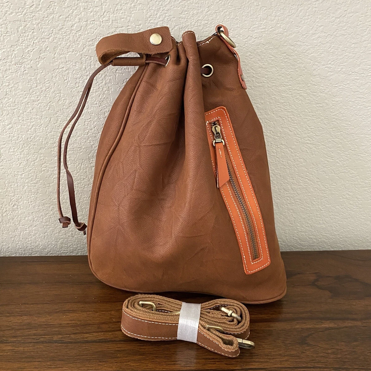 Convertible Brown Crinkle Leather Bucket Drawstring Sling