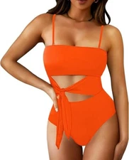 Women's Bandeau One Piece Swimsuit Strapless Tie High Cut Out Size L