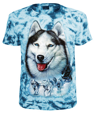 Herren Damen T-Shirt Alaskan Malamute Schlittenhund Batik Shirt Blau