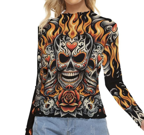 Luchador Wrestler Tattoo Blouse Mesh See Thru Top Skin Tight Shirt Sheer Flames