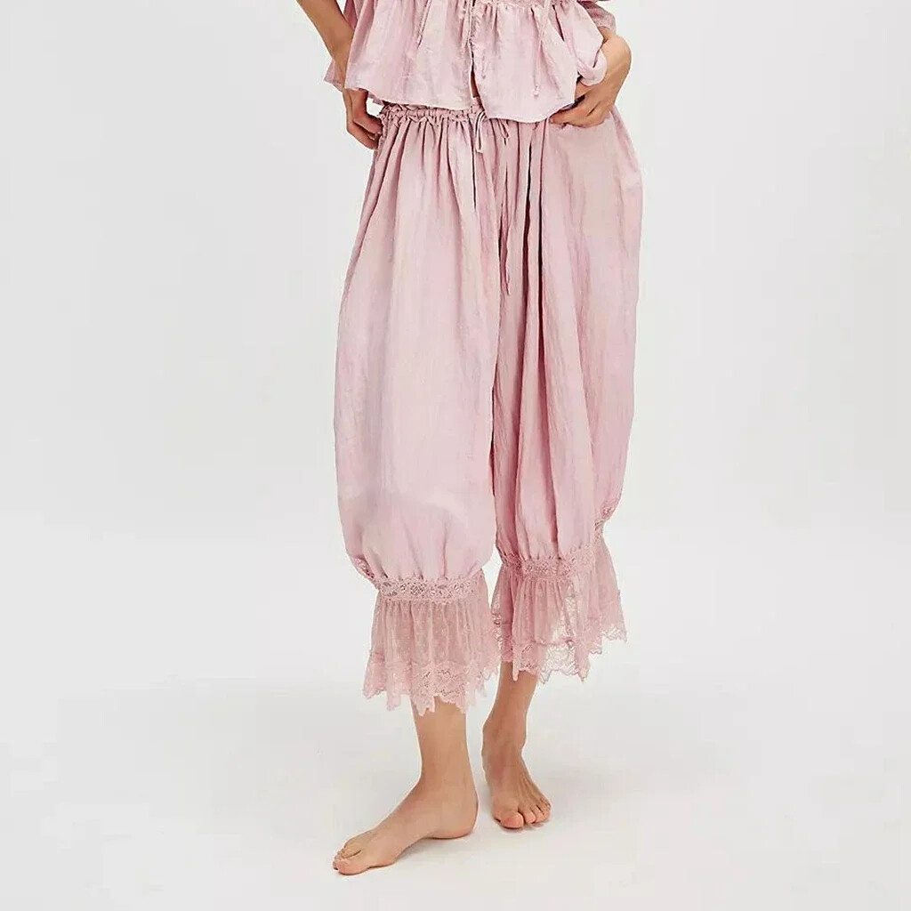Women's Loose Fit High Waist Bloomers Cropped Pants Drawstring Floral Lace Pants