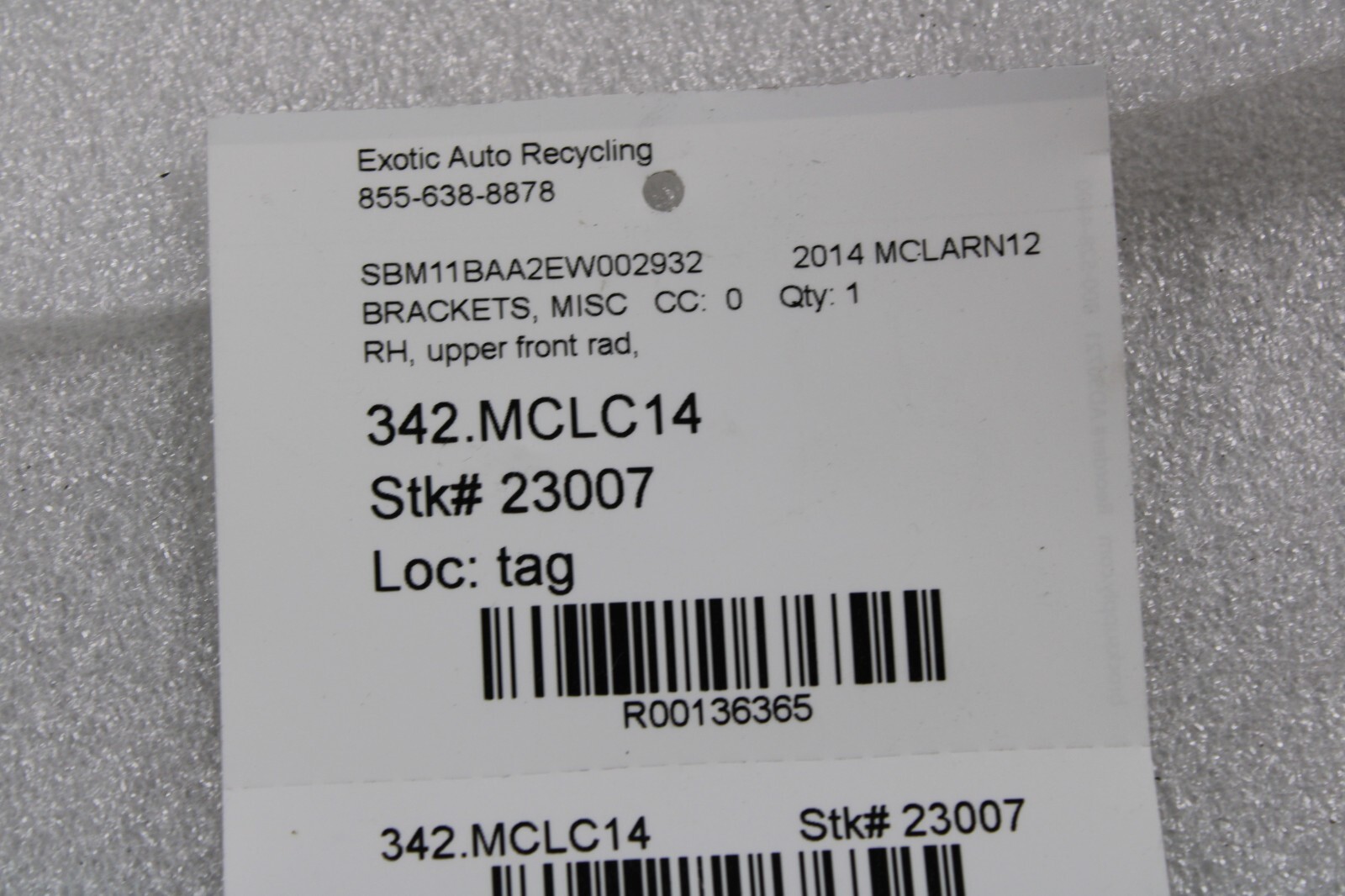 Mclaren MP4-12C, RH, Right, Front Upper Radiator Bracket, Used