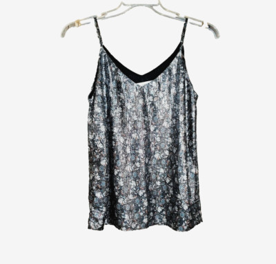 NEW Loft L Women's Tank Top Black Floral Shimmer Double V Cami Blouse Metallic