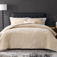 King Size Comforter Set with Stripe Jacquard Design, Khaki Fluffy King Beddin...