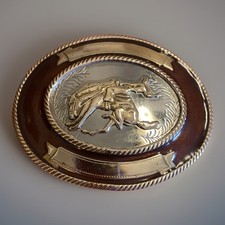 Vintage Saddle Bronc Rodeo Belt Buckle German Silver And Enamel