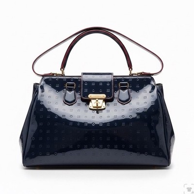 Arcadia Blue Patent Logo Satchel Top Handle Bag Gold HW Zip Turn Lock Strap