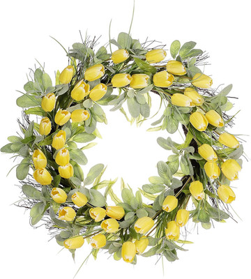 30'' Spring Tulip Wreath with Green Leaves - Beautiful Floral Decor