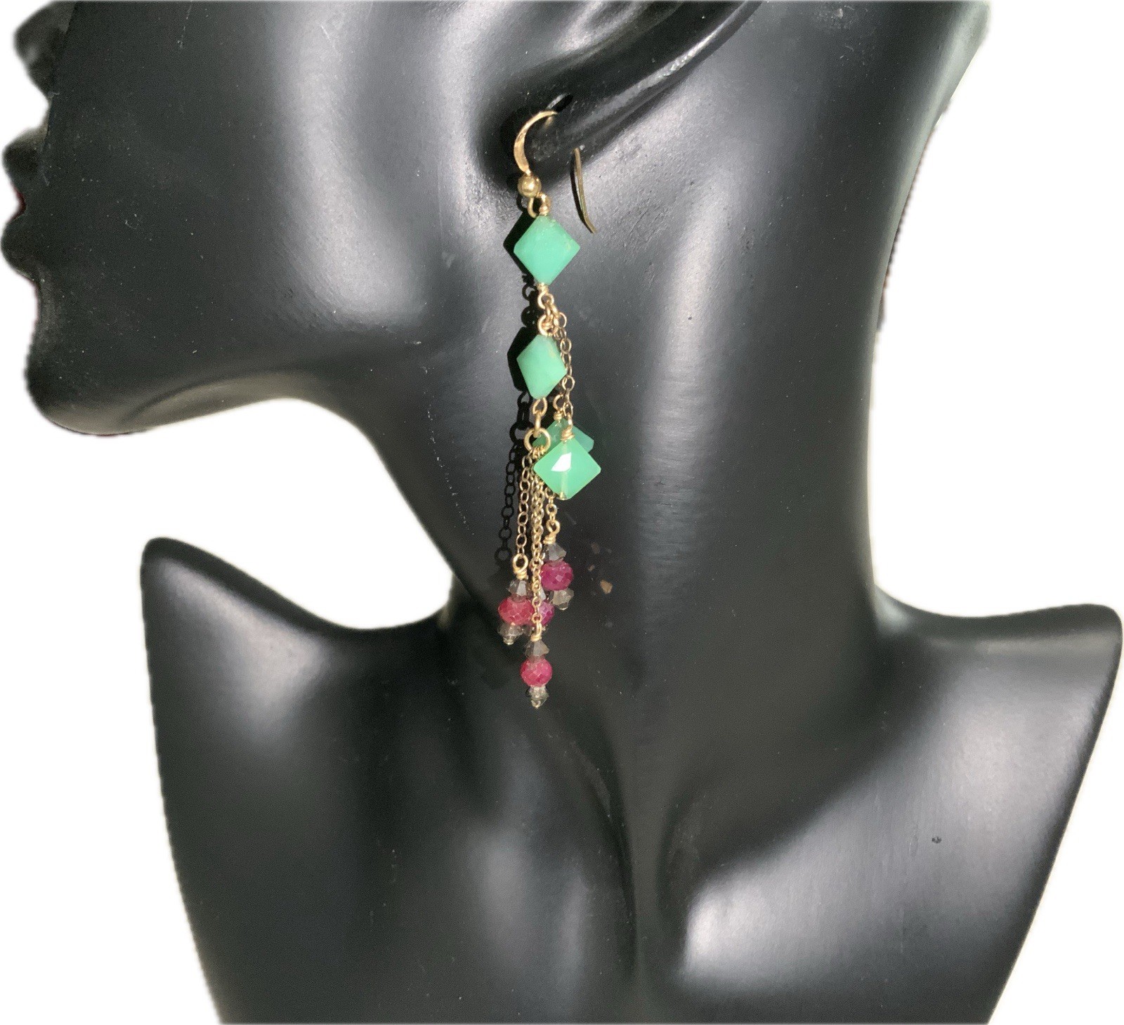 VINTAGE JADITE RUBY GEMSTONE DANGLE DROP EARRINGS… - image 6