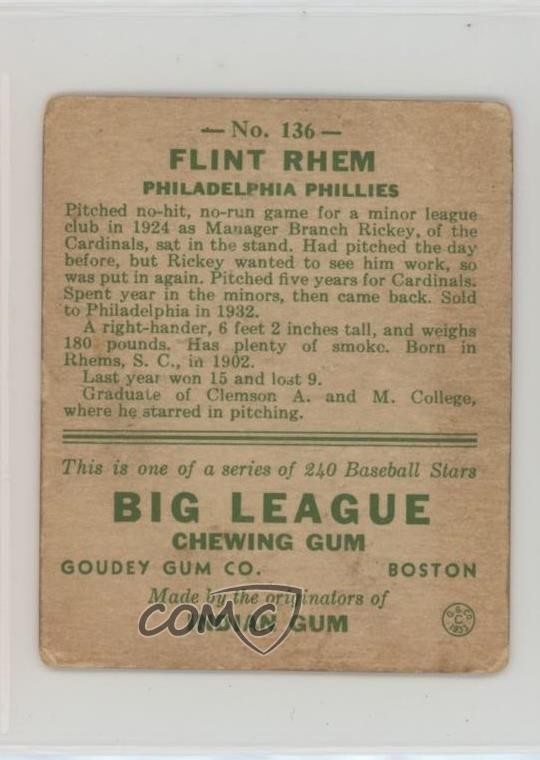 1933 Goudey Big League Chewing Gum R319 Flint Rhem #136 Rookie RC | eBay