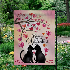 Be My Valentine Garden Flag Black Cats Silhouette Heart Tree Yard Decor Banner