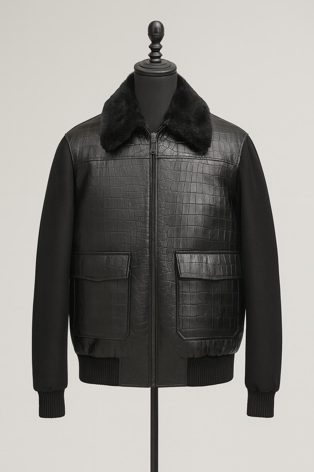 Men's Black 100% Real Leather Jacket Crocodile Print Bomber Fur Collar Jacket