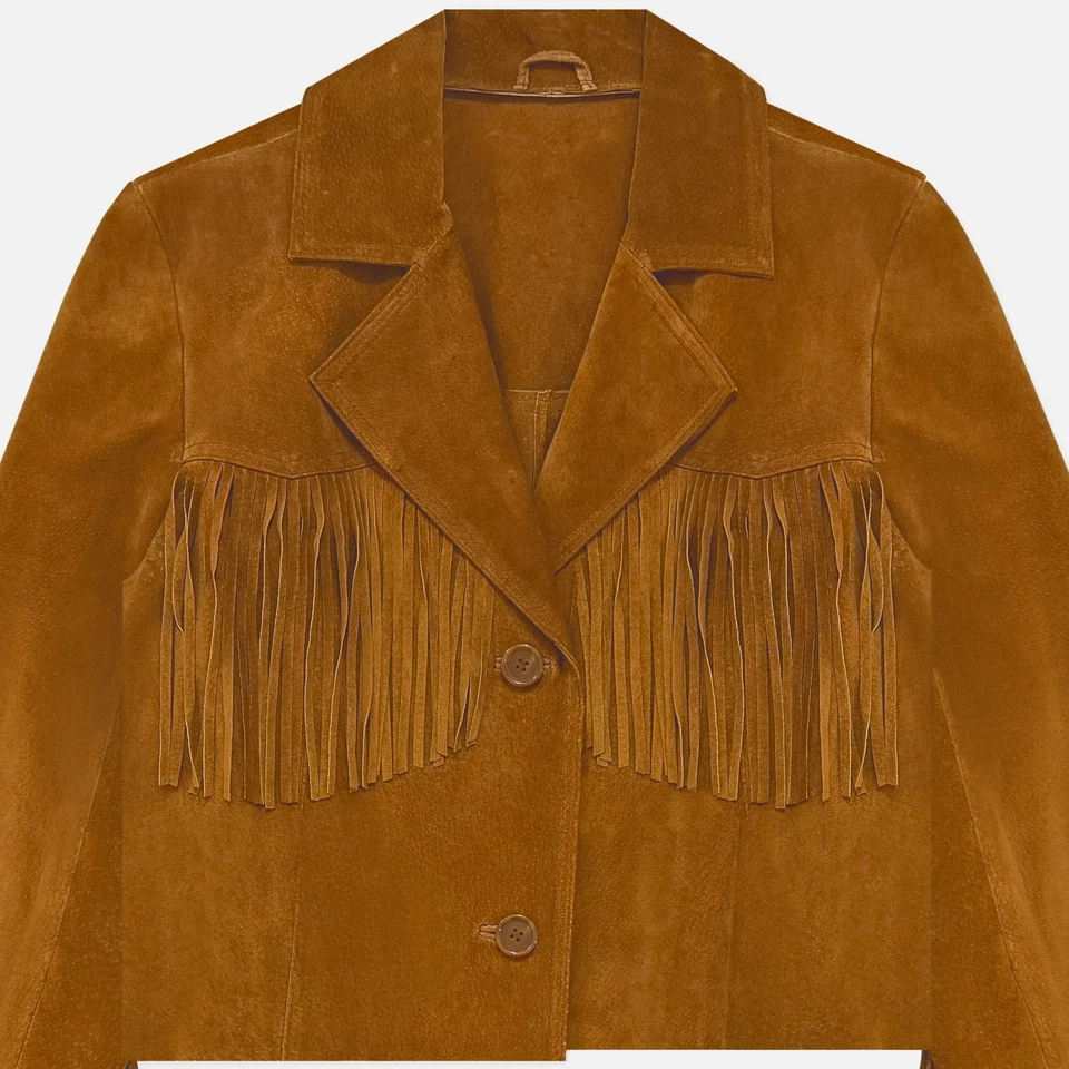Chaqueta corta vintage Boho Western marrón gamuza genuina cuero flecos botón pequeña Foto 2 de 4