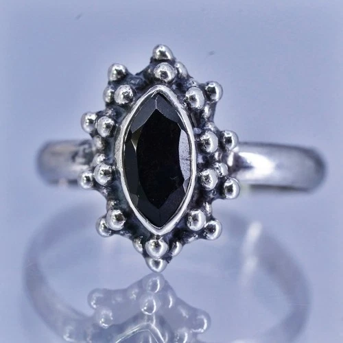 Size 5.75, vintage modern Sterling 925 silver handmade ring obsidian and beads