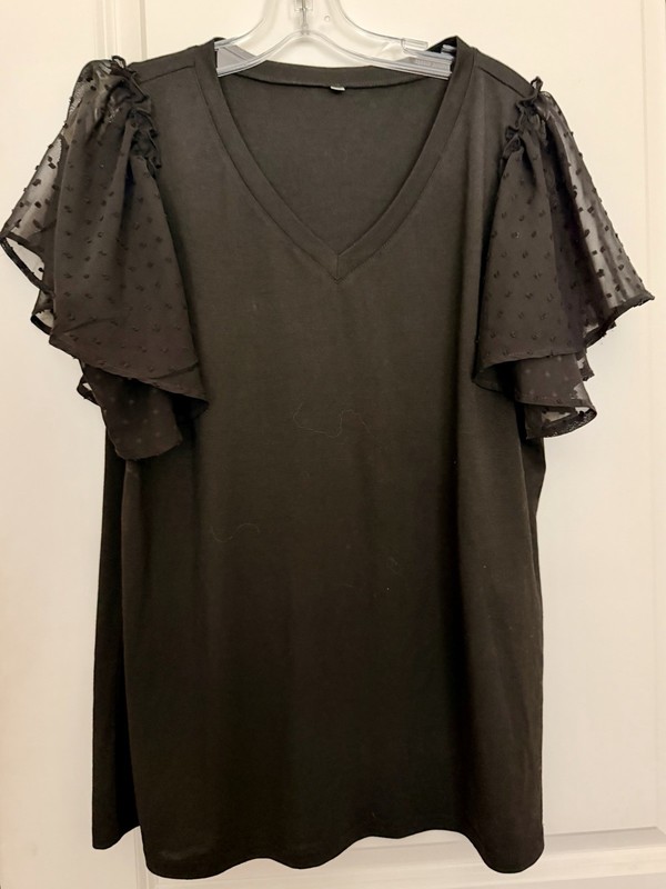 Women’s Black V-Neck Top with Swiss Dot Flutter Sleeves – Size XL