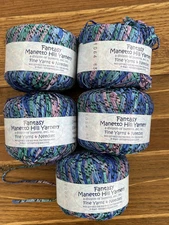 Lot of 5 balls of Fantasy Manetto Hill Ribbon Yarn-Blue Green Pink Purple Black