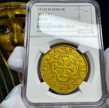 *1st SPAIN 8 ESCUDOS IN A YEAR* 1712 "DATED" NGC 55 PIRATE GOLD COINS DOUBLOON