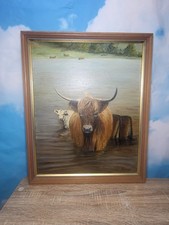 Oil Painting on Canvas Highland Cows in a Highland Loch Signed Size 45x55cm 