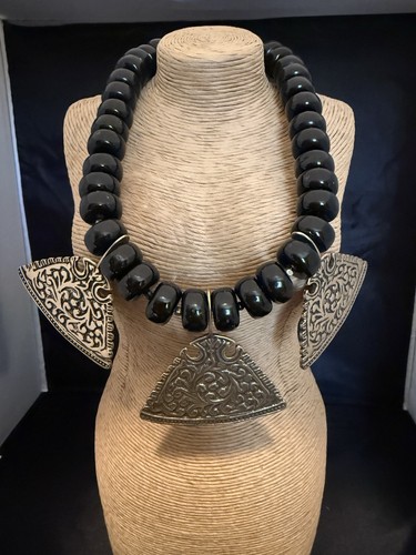 Chico’s Black Beaded Fashion Piece With 3 Silver Pendants. Statement Piece!