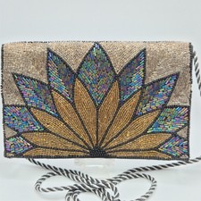 Vintage Beaded Clutch Evening Bag Womens Gold Iridescent Floral Art Deco 9x5