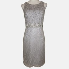 Sue Wong Silver Lace Beaded Waist Sheath Dress 6 Sequin Cocktail Old Hollywood